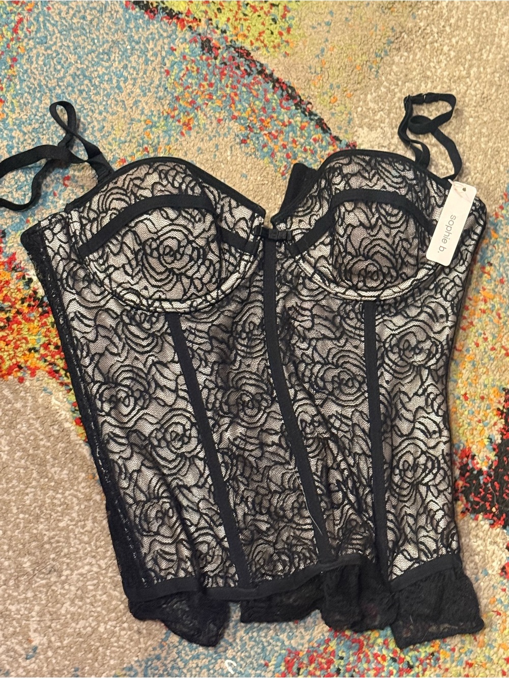 NWT : Black Lace Corset Bustier - Sheer Floral Design